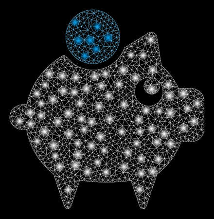 Glossy mesh piggy bank with lightspot effect. Abstract illuminated model of piggy bank icon. Shiny wire frame triangular network piggy bank. Vector abstraction on a black background.のイラスト素材