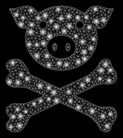Glossy mesh pig death with glitter effect. Abstract illuminated model of pig death icon. Shiny wire frame triangular mesh pig death. Vector abstraction on a black background.のイラスト素材