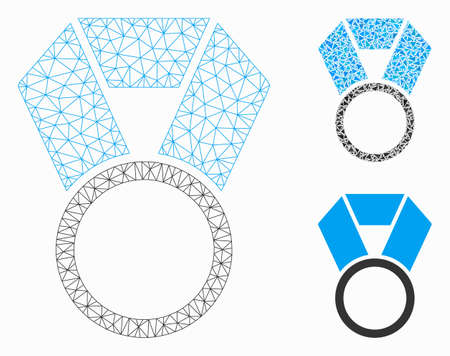 Mesh place medal template model with triangle mosaic icon. Wire frame triangular mesh of place medal template. Vector collage of triangle elements in different sizes, and color tints.のイラスト素材