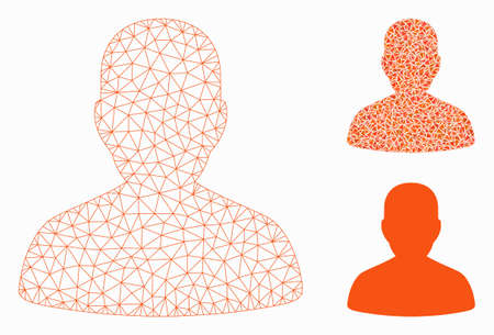 Mesh portrait model with triangle mosaic icon. Wire frame polygonal mesh of portrait. Vector composition of triangle elements in different sizes, and color tones. Abstract 2d mesh portrait,のイラスト素材
