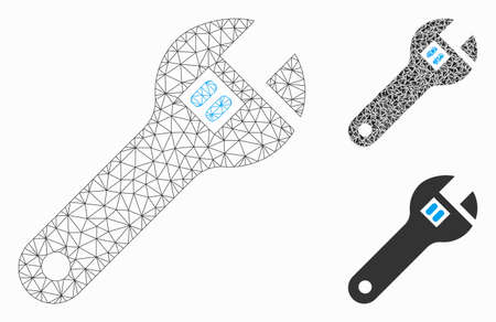 Mesh wrench model with triangle mosaic icon. Wire frame polygonal mesh of wrench. Vector composition of triangles in different sizes, and color shades. Abstract flat mesh wrench,のイラスト素材