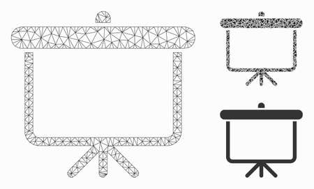 Mesh projection board model with triangle mosaic icon. Wire carcass triangular mesh of projection board. Vector mosaic of triangle parts in various sizes, and color tints.のイラスト素材