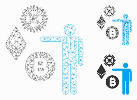 Mesh person show cryptocurrency model with triangle mosaic icon. Wire frame triangular mesh of person show cryptocurrency. Vector mosaic of triangle elements in different sizes, and color tinges.のイラスト素材