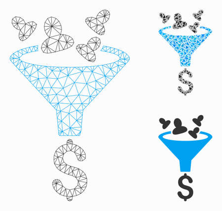 Mesh sales funnel model with triangle mosaic icon. Wire carcass polygonal network of sales funnel. Vector mosaic of triangle parts in variable sizes, and color tinges. Abstract flat mesh sales funnel,のイラスト素材