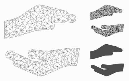 Mesh protecting hands model with triangle mosaic icon. Wire frame triangular mesh of protecting hands. Vector mosaic of triangle elements in various sizes, and color hues.のイラスト素材