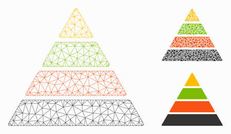 Mesh pyramid model with triangle mosaic icon. Wire carcass triangular mesh of pyramid. Vector mosaic of triangles in various sizes, and color shades. Abstract 2d mesh pyramid, designed with triangles.のイラスト素材