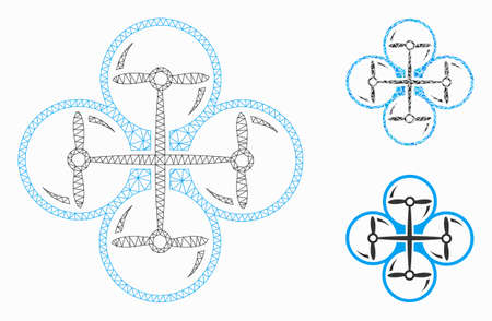Mesh quadcopter model with triangle mosaic icon. Wire carcass polygonal mesh of quadcopter. Vector mosaic of triangle elements in various sizes, and color tints. Abstract 2d mesh quad copter,のイラスト素材