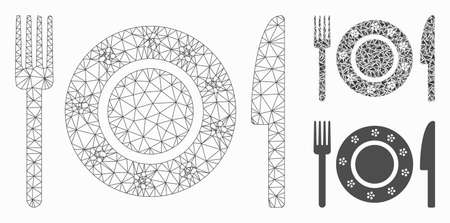 Mesh restaurant tableware model with triangle mosaic icon. Wire carcass triangular network of restaurant tableware. Vector mosaic of triangle parts in different sizes, and color hues.のイラスト素材