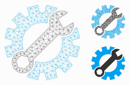 Mesh setup tools model with triangle mosaic icon. Wire carcass polygonal mesh of setup tools. Vector mosaic of triangle elements in different sizes, and color tones. Abstract 2d mesh setup tools,のイラスト素材