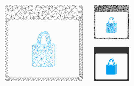 Mesh shopping bag calendar page model with triangle mosaic icon. Wire frame triangular mesh of shopping bag calendar page. Vector mosaic of triangle elements in variable sizes, and color tinges.のイラスト素材