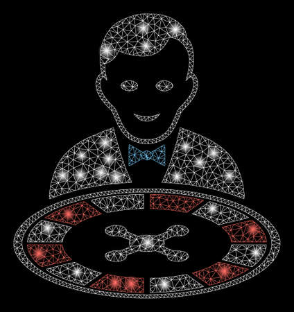 Bright mesh roulette dealer with lightspot effect. Abstract illuminated model of roulette dealer icon. Shiny wire frame polygonal mesh roulette dealer. Vector abstraction on a black background.のイラスト素材