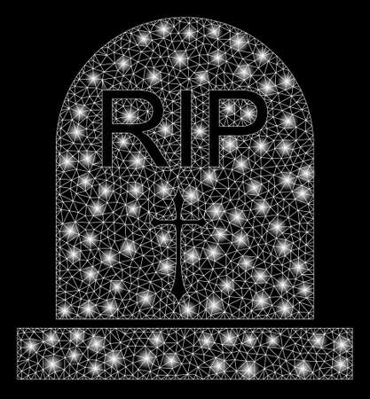 Flare mesh RIP with glitter effect. Abstract illuminated model of RIP icon. Shiny wire frame triangular mesh RIP. Vector abstraction on a black background.のイラスト素材