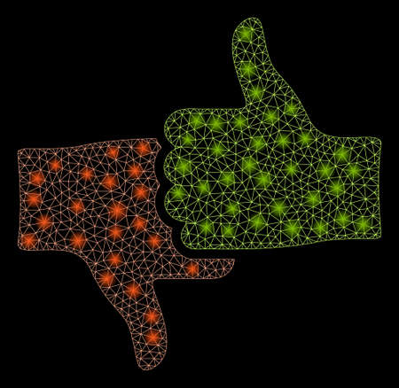 Flare mesh rate thumbs with glitter effect. Abstract illuminated model of rate thumbs icon. Shiny wire frame polygonal mesh rate thumbs. Vector abstraction on a black background.のイラスト素材