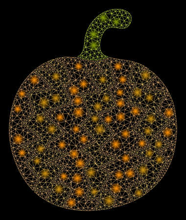 Flare mesh pumpkin with sparkle effect. Abstract illuminated model of pumpkin icon. Shiny wire frame triangular mesh pumpkin. Vector abstraction on a black background.のイラスト素材