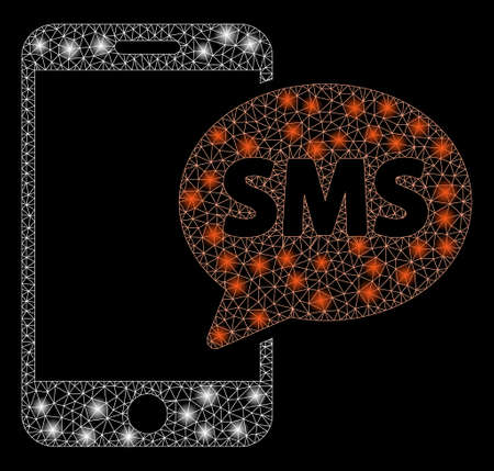 Glowing mesh phone SMS with glare effect. Abstract illuminated model of phone SMS icon. Shiny wire carcass polygonal network phone SMS. Vector abstraction on a black background.のイラスト素材