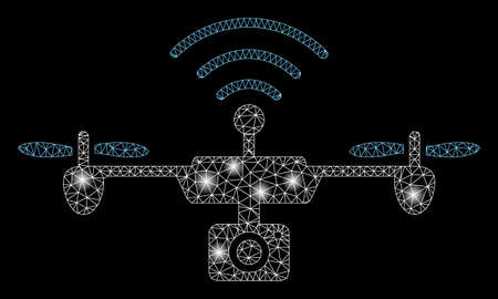 Glossy mesh radio camera airdrone with glow effect. Abstract illuminated model of radio camera airdrone icon. Shiny wire frame triangular mesh radio camera airdrone.のイラスト素材