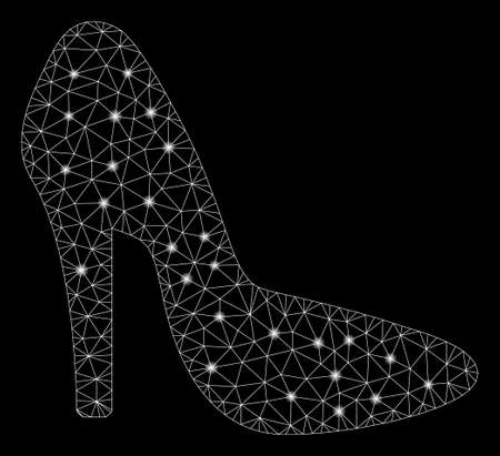 Glowing mesh lady shoe with glare effect. Abstract illuminated model of lady shoe icon. Shiny wire frame triangular network lady shoe. Vector abstraction on a black background.のイラスト素材