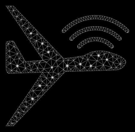 Glossy mesh radio control uav with glare effect. Abstract illuminated model of radio control uav icon. Shiny wire carcass triangular mesh radio control uav. Vector abstraction on a black background.のイラスト素材