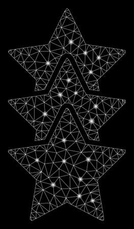 Glowing mesh rating stars with glare effect. Abstract illuminated model of rating stars icon. Shiny wire carcass triangular mesh rating stars. Vector abstraction on a black background.のイラスト素材