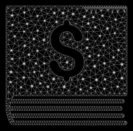 Glossy mesh sales book with sparkle effect. Abstract illuminated model of sales book icon. Shiny wire carcass triangular network sales book. Vector abstraction on a black background.のイラスト素材