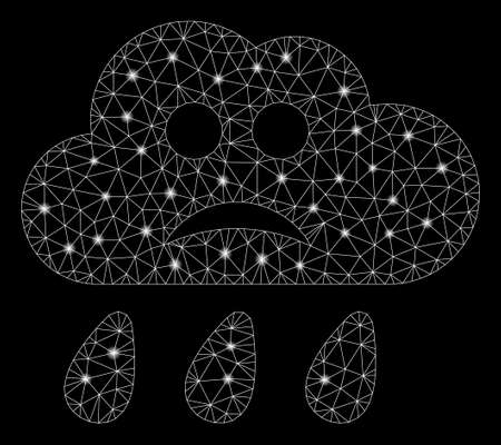 Glossy mesh sad rain cloud with sparkle effect. Abstract illuminated model of sad rain cloud icon. Shiny wire frame triangular mesh sad rain cloud. Vector abstraction on a black background.のイラスト素材