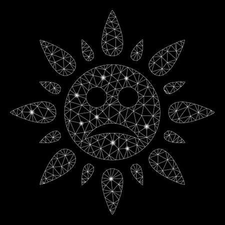 Flare mesh sad sun light with glow effect. Abstract illuminated model of sad sun light icon. Shiny wire frame triangular mesh sad sun light. Vector abstraction on a black background.のイラスト素材