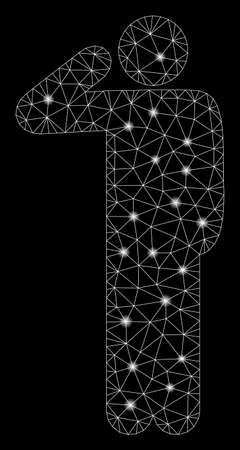 Glossy mesh salute pose with glitter effect. Abstract illuminated model of salute pose icon. Shiny wire carcass triangular mesh salute pose. Vector abstraction on a black background.のイラスト素材