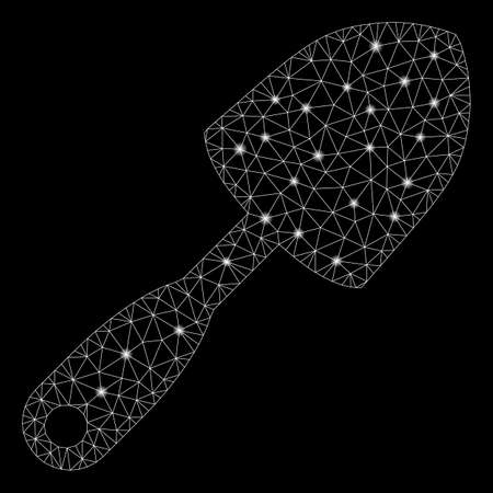 Glossy mesh scoop shovel with lightspot effect. Abstract illuminated model of scoop shovel icon. Shiny wire frame triangular mesh scoop shovel. Vector abstraction on a black background.のイラスト素材