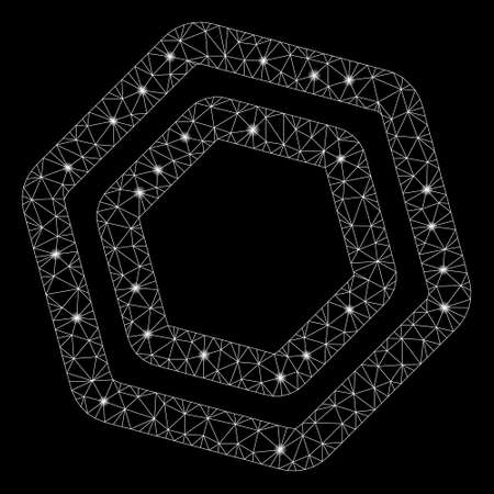 Flare mesh screw nut with lightspot effect. Abstract illuminated model of screw nut icon. Shiny wire frame polygonal mesh screw nut. Vector abstraction on a black background.のイラスト素材