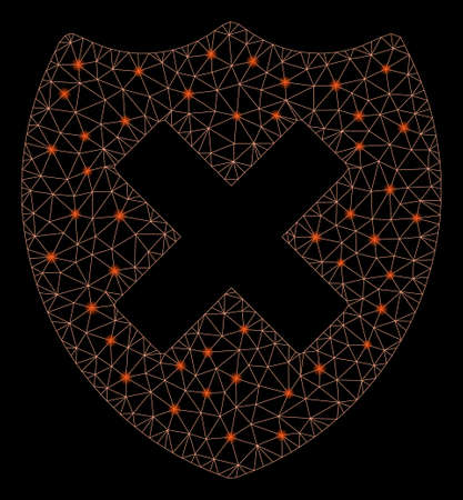 Glowing mesh security shield fail with glow effect. Abstract illuminated model of security shield fail icon. Shiny wire frame polygonal mesh security shield fail.のイラスト素材