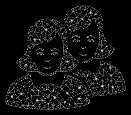 Flare mesh women with lightspot effect. Abstract illuminated model of women icon. Shiny wire carcass polygonal mesh women. Vector abstraction on a black background.のイラスト素材