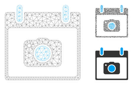 Mesh photo camera calendar day model with triangle mosaic icon. Wire frame polygonal mesh of photo...