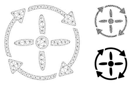 Mesh rotor model with triangle mosaic icon. Wire frame polygonal mesh of rotor. Vector composition of triangle parts in different sizes, and color hues. Abstract 2d mesh rotor,のイラスト素材