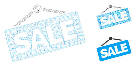 Mesh sale banner model with triangle mosaic icon. Wire carcass triangular mesh of sale banner. Vector mosaic of triangle elements in various sizes, and color tinges. Abstract flat mesh sale banner,のイラスト素材