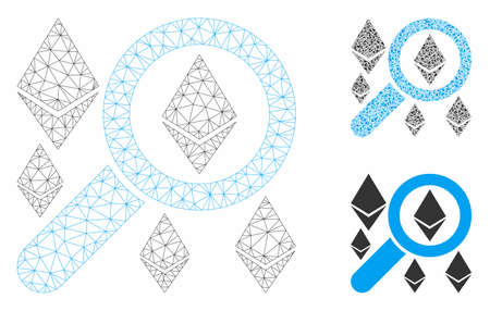 Mesh search Ethereum model with triangle mosaic icon. Wire carcass triangular network of search Ethereum. Vector mosaic of triangle parts in different sizes, and color hues.のイラスト素材