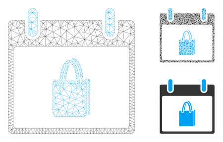 Mesh shopping bag calendar day model with triangle mosaic icon. Wire frame triangular mesh of shopping bag calendar day. Vector collage of triangle elements in different sizes, and color shades.のイラスト素材