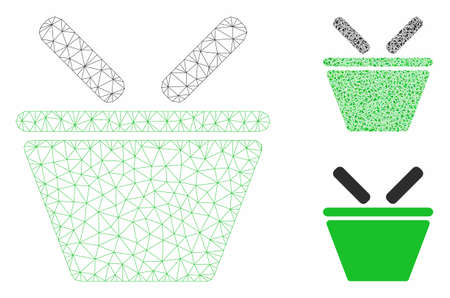 Mesh shopping basket model with triangle mosaic icon. Wire frame triangular mesh of shopping basket. Vector mosaic of triangle parts in variable sizes, and color tints.のイラスト素材