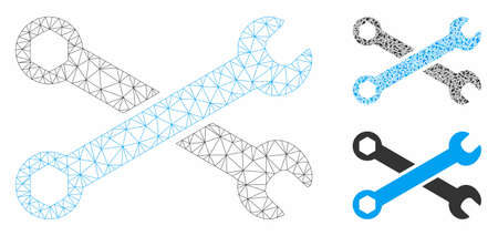 Mesh wrenches model with triangle mosaic icon. Wire frame triangular mesh of wrenches. Vector composition of triangle elements in variable sizes, and color shades. Abstract 2d mesh wrenches,のイラスト素材