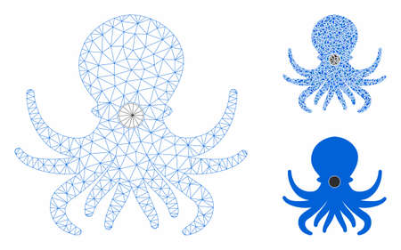 Mesh octopus model with triangle mosaic icon. Wire frame triangular network of octopus. Vector mosaic of triangle elements in variable sizes, and color tints. Abstract 2d mesh octopus,のイラスト素材