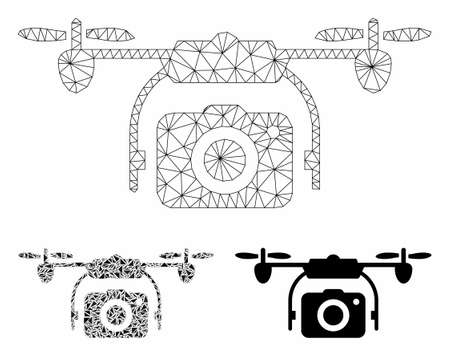 Mesh photo drone model with triangle mosaic icon. Wire carcass triangular network of photo drone. Vector mosaic of triangle parts in variable sizes, and color hues. Abstract 2d mesh photo drone,のイラスト素材
