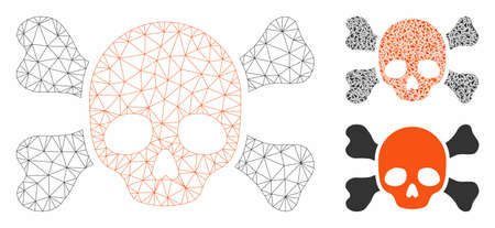 Mesh skull and bones model with triangle mosaic icon. Wire frame polygonal mesh of skull and bones. Vector collage of triangle elements in variable sizes, and color shades.のイラスト素材