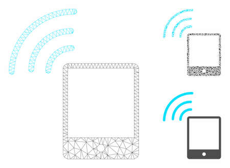 Mesh smartphone wifi signal model with triangle mosaic icon. Wire frame triangular network of smartphone wifi signal. Vector mosaic of triangle parts in different sizes, and color tints.のイラスト素材