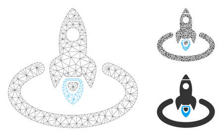 Mesh space rocket launch area model with triangle mosaic icon. Wire carcass triangular network of space rocket launch area. Vector mosaic of triangle parts in variable sizes, and color shades.のイラスト素材