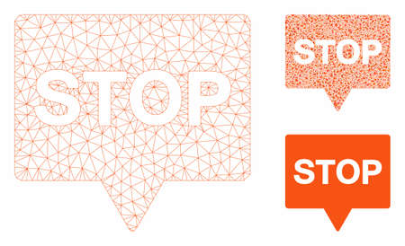 Mesh stop banner model with triangle mosaic icon. Wire carcass triangular mesh of stop banner. Vector mosaic of triangle parts in variable sizes, and color tones. Abstract 2d mesh stop banner,のイラスト素材