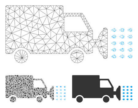 Mesh street washing car model with triangle mosaic icon. Wire frame polygonal mesh of street washing car. Vector mosaic of triangle elements in variable sizes, and color tinges.のイラスト素材