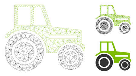 Mesh wheeled tractor model with triangle mosaic icon. Wire frame triangular mesh of wheeled tractor. Vector mosaic of triangle elements in different sizes, and color shades.のイラスト素材