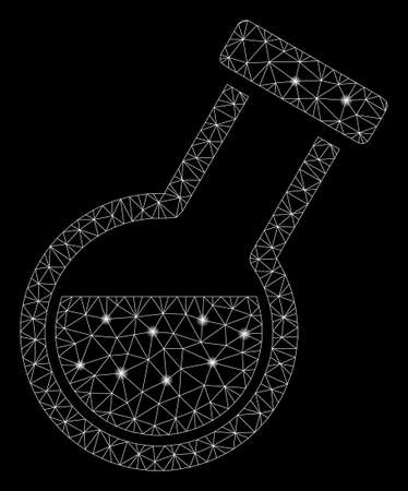 Flare mesh retort with glare effect. Abstract illuminated model of retort icon. Shiny wire carcass triangular mesh retort. Vector abstraction on a black background.のイラスト素材
