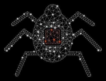 Glowing mesh spy bug with glow effect. Abstract illuminated model of spy bug icon. Shiny wire carcass triangular mesh spy bug. Vector abstraction on a black background.のイラスト素材