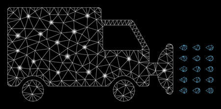 Glowing mesh street washing car with glare effect. Abstract illuminated model of street washing car icon. Shiny wire carcass polygonal mesh street washing car.のイラスト素材
