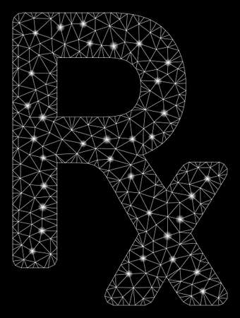 Glowing mesh Rx symbol with glitter effect. Abstract illuminated model of Rx symbol icon. Shiny wire frame polygonal network Rx symbol. Vector abstraction on a black background.のイラスト素材